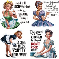 four different types of women in aprons and dresses with words on the side of them