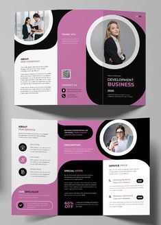 a pink and black business brochure with an image of a woman on it