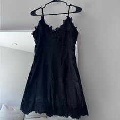 Size 8, Runs Small, Black Satin Dress With Floral Stitching On The Top And Bottom, Adjustable Straps, Super Sexy, Brand New With Tag Chic Night Mini Dress With Lace Trim, Chic Mini Dress With Lace Trim For Night, Black Mini Dress With Lace Trim, Sleeveless Lace Trim Mini Dress For Night, Sleeveless Mini Dress With Lace Trim For Night, Black Spaghetti Strap Dress For Night, Black Flirty Sleeveless Slip Dress, Black Summer Night Dress, Fitted Black Slip Dress With Lace Trim