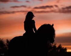 a woman riding on the back of a horse at sunset