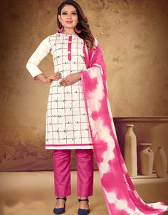 Designer Party Wear Khadi Cotton Salwar Suit Processing Time : 8-10 Business Days Work : Print Dupatta Fabric: Top : Khadi Cotton Bottom : Heavy Cotton Dupatta : Najmen Saboori Color: Top : White Bottom : Pink Dupatta : Pink #salwarkameezimage #salwarkameezstore #salwarset #churidarsuitdesign #indiansalwarsuitsdesigns #trendysuitsforladies #salwarkammez #suitsinindia #newindiansuits #buysalwarsuitsonline #indiansalwarkameezonlinefreeshipping Fitted Pink Lawn Suit With Long Sleeves, Festive Fitted Cotton Pant Set, Fitted Cotton Churidar For Spring, Festive Fitted Cotton Lawn Suit, White Fitted Salwar Kameez For Spring, Fitted Cotton Palazzo Set For Eid, Fitted Cotton Unstitched Suit For Festive Occasions, Festive Cotton Unstitched Fitted Suit, Fitted Multicolor Cotton Pant Set