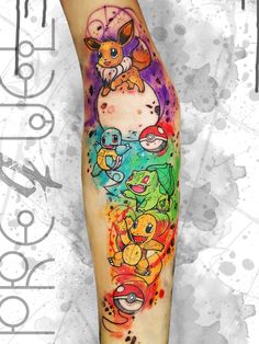 a colorful tattoo on the leg of a person with an animal and fish design on it