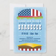 a blue and white birthday party card with an american flag burger on the side,