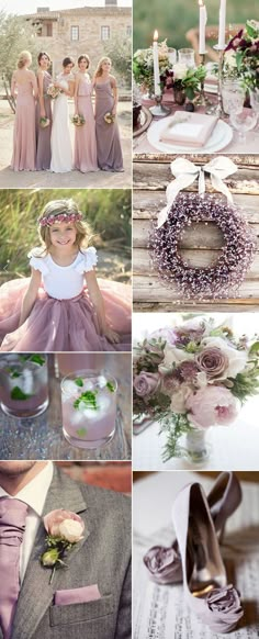 a collage of photos with flowers, candles and bridesmaid's shoes