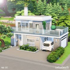 an artist's rendering of a house with a truck parked in front of it