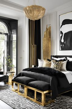 black and white bedroom with gold accents, chandelier and art work on the wall