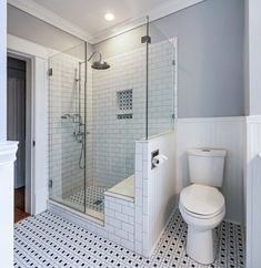 a white toilet sitting next to a walk in shower