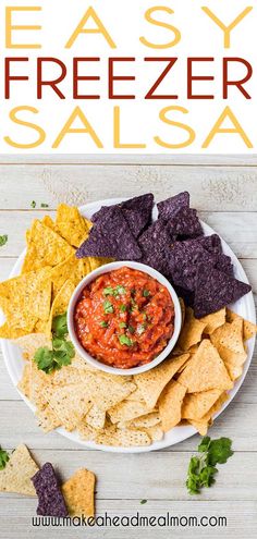 an easy freezer salsa recipe with tortilla chips on the side