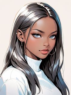 a drawing of a woman with long hair and piercings on her ears, wearing a white turtle neck top