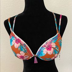 This Bikini Top Is Multi-Colored (Mainly Copper), Which Can Match Many Solid Bottom Colors, Has Cushioned Underwire, Moulded Cups, Over The Shoulder Criss-Cross Straps And A Cross-Back Tie. This Bikini Top Is Cute And Sexy. Summer Vacation Push-up Swimwear, Beach Season Beachwear Swimwear With Push-up Shape, Push-up Beachwear Swimwear For Beach Season, Beach Season Push-up Swimwear, Summer Pool Push-up Swimwear, Push-up Swimwear For Poolside And Beach Season, Pink Fitted Push-up Swimwear, Pink Push-up Swimwear With Padded Cups, Push-up Swimwear With Lined Body For Beach