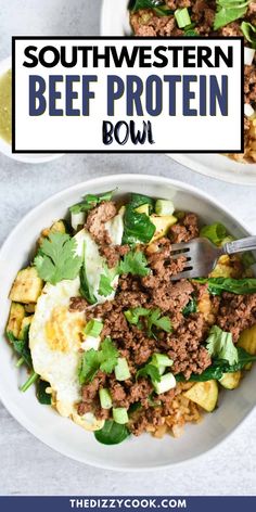 two white bowls filled with beef and egg protein bowl next to each other on top of a table