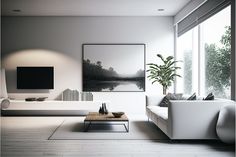 a modern living room with white furniture and large windows looking out onto the outdoors area