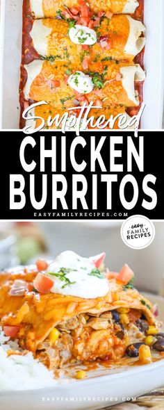 chicken burritos with sour cream sauce on top and the title overlay reads southern chicken burritos