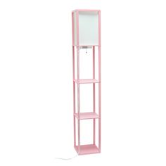 a pink shelf with a white board attached to the top and two shelves below it