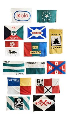 many different flags are shown together on the wall in front of a white background with words written below them