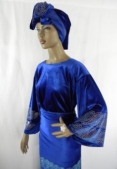 "Velvet With Stones Design/Nigerian Party Outfits/Trendy African Velvet Outfits/Ready Made Velvet 3 Piece Set Wrapper, Buba & Gele/Royal Blue Measured While Laying Flat: Size: L/56 Armpit to Armpit: 23.5\" (Full Chest: 47\") Shoulder To Bottom: 24.5\" Sleeve Length From Neckline: 22\" Wrapper: Wide: 68; Length: 49\" ~~Gele: L/56\" & W/18\" Size: XL/58 Armpit To Armpit: 24\" (Full Chest: 48\") Shoulder To Bottom: 25\" Sleeve Length: 22.5\" Wrapper: Wide: 70\"; Length: 50\" ~~ Gele: L/56\" Royal Style Long Sleeve Party Sets, Fitted Blue Sets For Celebration, Royal Long Sleeve Party Sets, Royal Blue Party Sets, Fitted Royal Blue Sets For Festivals, Royal Fitted Party Sets, Royal Blue Party Sets For Festivals, Velvet Outfits, Nigerian Party