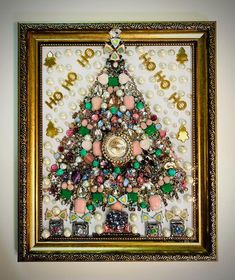 Framed Jewelry Old Jewelry Crafts Ideas, Jewelry Tree Art, Framed Jewelry Art, Winter Pics, Jeweled Christmas Trees, Jewerly Displays, Jewelry Repurposed