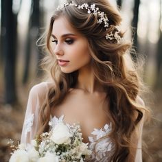 a woman with long hair wearing a wedding dress and holding a bouquet in her hand