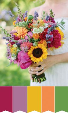 a woman holding a bouquet of flowers in front of a color palette with different shades