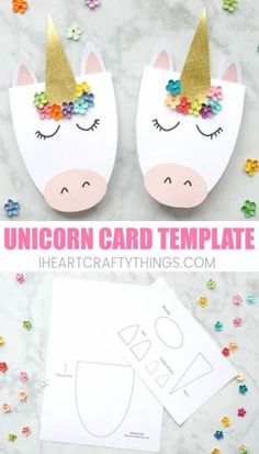 unicorn card template for kids to make with paper and glitters on the top, next to an envelope that says unicorn card template