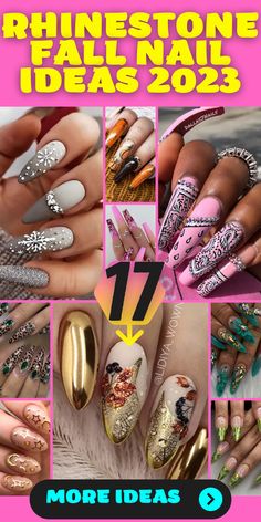 17 Glamorous Rhinestone Fall Nail Ideas for 2023 - thepinkgoose.com Fall Nail Ideas With Rhinestones, Fall Nails With Jewels, Unique Fall Nails 2023, Fall Glam Nails, Fall Bling Nails, Fall Nails With Rhinestones, Long Nail Inspiration, Nail Ideas For 2023, Fall Nails 2023