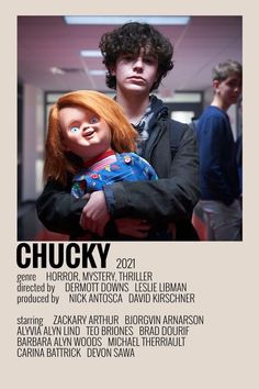 an advertisement for chucky with a doll in his arms