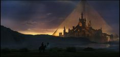 an image of a castle in the sky with two people on horses next to it