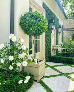 a house with white flowers and bushes in front of the door, on a sunny day