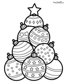 a christmas tree with ornaments and stars on it, coloring pages for adults to print