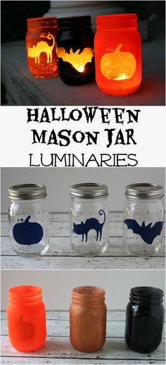 halloween mason jar luminaries with pumpkins, bats and cats painted on them