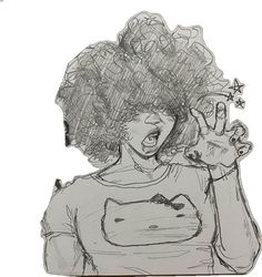 a drawing of a woman with an afro holding her hand up in the air and smiling