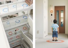 two pictures of a boy standing in front of a door and looking down at the stairs