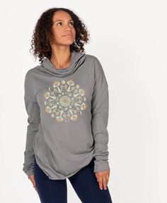 Wear this Mushroom Mandala Cowl Yoga Hoody to emit nothin' but good, mushroom vibes. Mesmerize your mind into its mushroom mandala print and dash of celestial magic! Our mushroom hoody is designed with raw hems at the sleeves and bottom, with a center back seam, longer length, a slight slouch cowl neck in the front, and a lined hood in the back. Size up for a looser fit. Eco Gray. Mushroom Vibes, Mushroom Mandala, Beautiful Boho Dresses, Sixties Dress, Cotton Sports Bra, Organic Cotton Leggings, Celestial Magic, Cotton Bralette, Boho Boutique