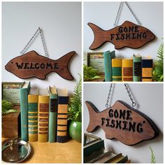 three different pictures of some books and signs on the wall, one is gone fishing