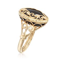 Ross-Simons - Black Onyx Scrollwork Ring in 14kt Yellow Gold. Size 9. A gleaming 18x13mm oval black onyx cabochon sets off the glow of a scrollwork overlay on this bold and beautiful statement ring. Featuring an ornate open-space band crafted in diamond-cut and polished 14kt yellow gold. 3/4" wide. Black onyx scrollwork ring. Diamond birthstones are the perfect gift for April birthdays. Diamond Ornaments, Vintage Onyx Ring, Scroll Ring, Gold Twig Ring, Rose Gold Stackable Rings, Engagement Ring For Him, Branch Engagement Ring, Morganite Engagement Ring Rose Gold, Twig Engagement Ring