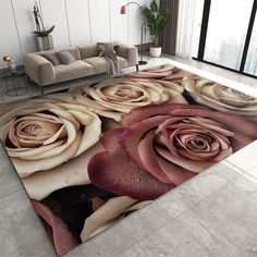 a living room area rug with roses on it