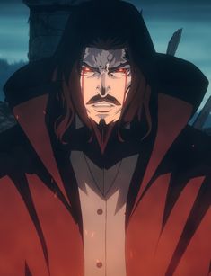 an anime character with long hair and red eyes wearing a hooded jacket, staring at the camera