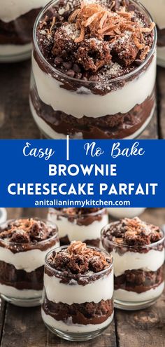 an easy no bake brownie cheesecake parfait in glass dishes on a wooden table