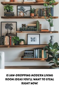 a living room with bookshelves filled with plants and pictures on the wall above them