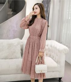 Women Dresses Elegant Stand Collar Floral Print Full Sleeve Elastic Slim Waist Chiffon Dress JKP3868 Pleated Long Sleeve Chiffon Dress For Spring, Spring Pleated Long Sleeve Chiffon Dress, Spring Long Sleeve Pleated Chiffon Dress, Long Sleeve Pleated Chiffon Dress For Spring, Pink Chiffon Dress For Fall, Feminine Long Sleeve Chiffon Dress, Pink Long Sleeve Chiffon Midi Dress, Flowy Knee-length Chiffon Dress For Fall, Pink Chiffon Long Sleeve Midi Dress