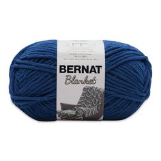 bernat blanket yarn ball in blue, on white background with black and grey logo