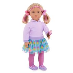 a doll with blonde hair wearing a purple sweater and colorful skirt, holding a donut