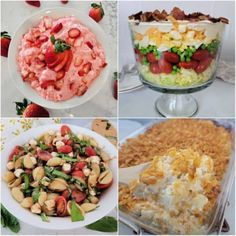 four different types of food are shown in this collage, including salads and desserts