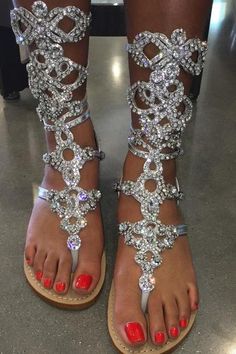 Hand crafted Crystal embedded with Czech Crystals and Swarovski Crystals with, soft leather soles and a suede insert underneath the straps. GUAREENTEED to glist Feet In Sandals, Silver Gladiator Sandals, Dress Sandals Flat, Bling Sandals, Sneaker Outfits, Fab Shoes, Prom Heels, Jeweled Sandals, Rhinestone Sandals