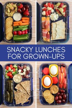 four pictures showing different lunches in plastic containers with the words snack lunches for grown ups