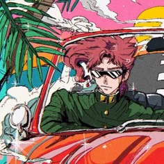 an anime character with pink hair and sunglasses sitting in a red car on the street