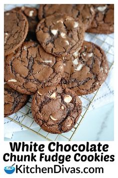 white chocolate chunk fudge cookies on a cooling rack with the words, white chocolate chunk fudge cookies