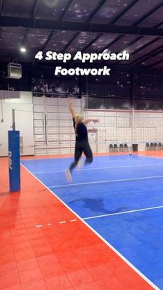 a person jumping up in the air on a blue and red tennis court with text reading 4 step approach footwork