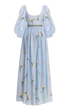 Viviane Embroidered Linen Maxi Dress By Agua By Agua Bendita | Moda Operandi Blue Cotton Embroidered Maxi Dress, Light Blue Embroidered Maxi Dress, Blue Floral Cottagecore Dress, Embroidered Light Blue Cotton Dress, Light Blue Embroidered Cotton Dress, Skirt Shapewear, Daytime Dresses, Linen Maxi Dress, Princess Outfits