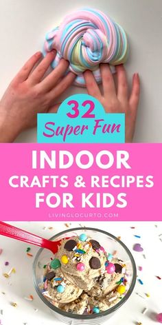 some kind of ice cream with sprinkles in it and the words super fun indoor crafts & recipes for kids